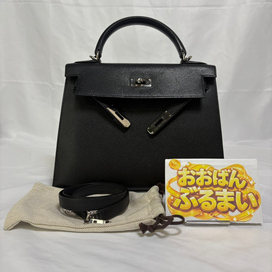 HERMES(エルメス） ケリー28 シルバー金具  🔲I （2005年）ハンドバック ブラック トゴ スト付き 鍵 カデナ クロシェット付き